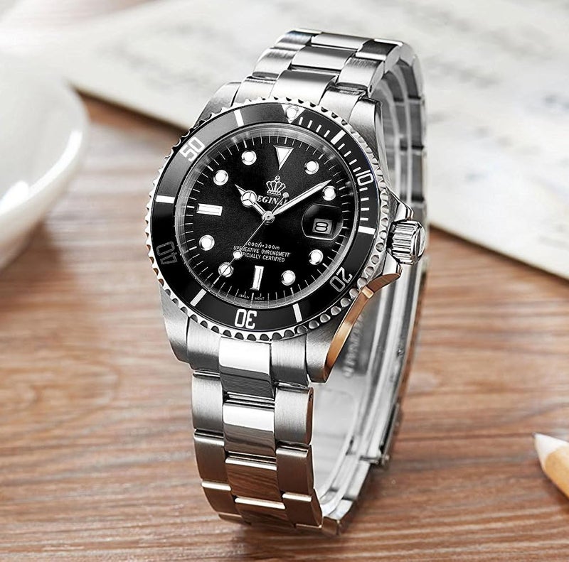 Reginald Men's Watch Luminous Quartz Rotatable Bezel Sapphire Glass Silver Stainless Steel Band and Case Waterproof Sports Black Watch - Image 2